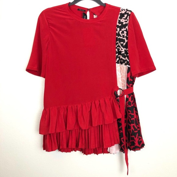 YIGAL AZROUËL Silk Red Pleated Wrap Peplum Top 4 - Picture 7 of 12